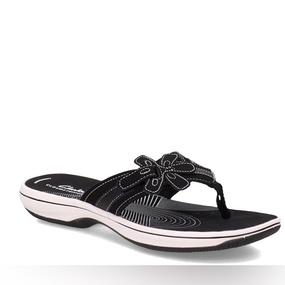 Clarks Flip Flops Cloudsteppers Black White Floral Sandals Size 6 Brinkley New - Picture 2 of 6